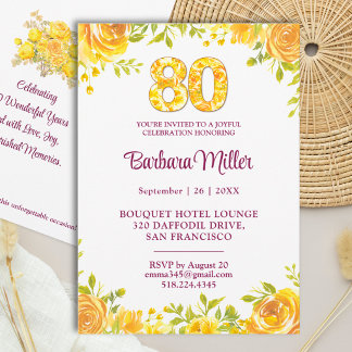 Elegante 80. Geburtstag gelbe Rosen Floral Einladung