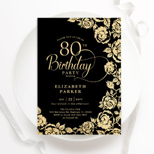 Elegante 80. Geburtstags Black Gold Rose Einladung