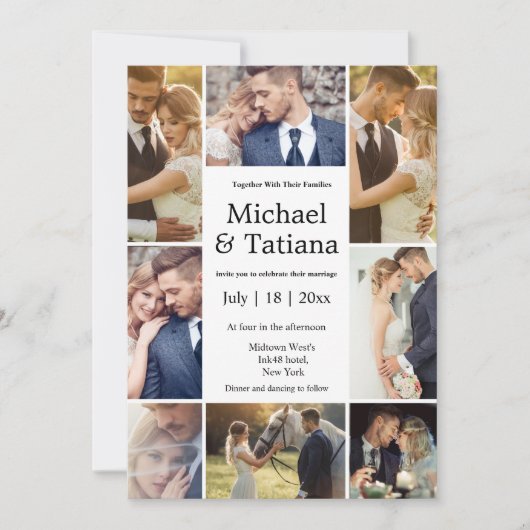 elegante 8-Foto-Hochzeitsfeier Einladung (Vorderseite)