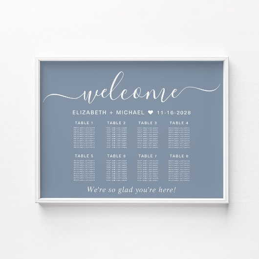 Elegante 8 Table Dusty Blue Wedding Seating Chart Poster