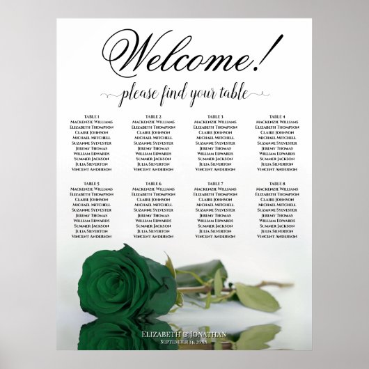 Elegante 8 Table Emerald Green Rose Seating Chart Poster (Vorne)