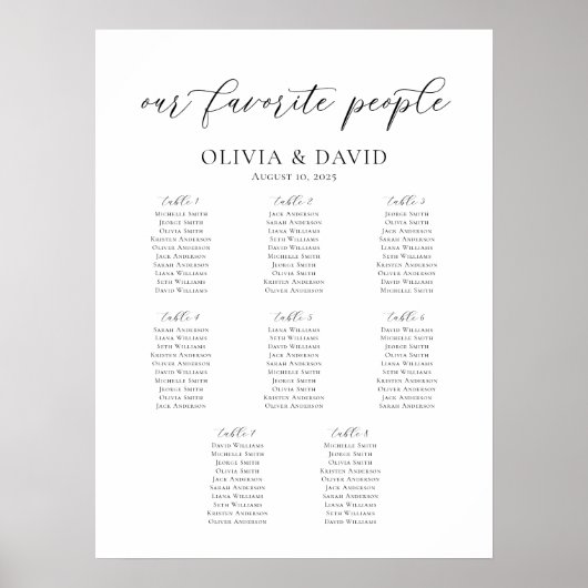 Elegante 8 Tische unsere Lieblings-Sitzkarte Poster (Vorne)