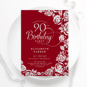Elegante 90. Geburtstags Rot-Silber-Rose Einladung