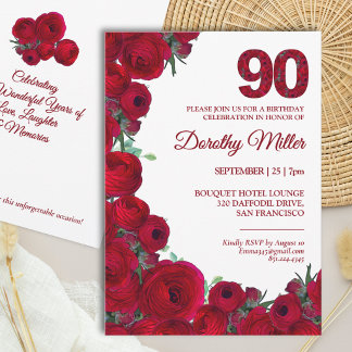 Elegante 90. Geburtstagsfeier - Fette 90 rote Blum Einladung