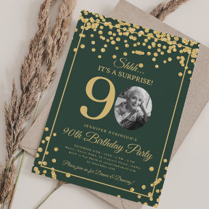 Elegante 90. Geburtstagsfeier Gold Konfetti Grün Einladung
