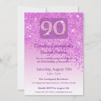 Elegante 90. Geburtstagsfeier Magenta Rosa Glitter Einladung