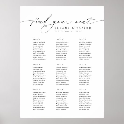 Elegante 9 Tische Begrüßungstabelle Poster (Vorne)