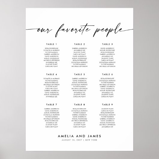 Elegante 9 Tische Favoriten Sitzkarte Poster (Vorne)