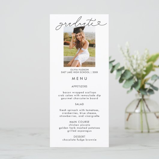 Elegante Abschluss Foto Calligraphy Menu Card Menükarte (Stehend Vorderseite)