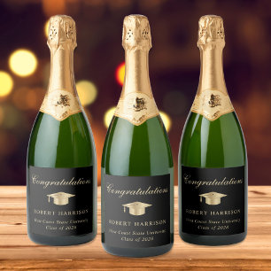Elegante Abschlusskappe Schwarz Gold Abschlussfeie Schaumweinetikett