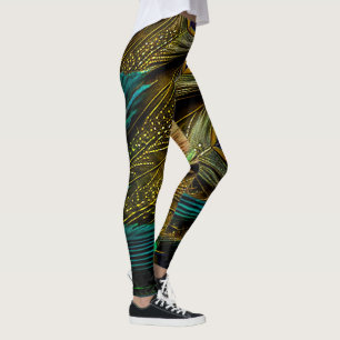 Elegante Abstrakte, Aquamarine Blue Gold Pfauenfea Leggings
