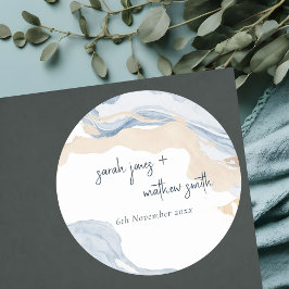 Elegante Abstrakte Blue Beige Coastal Beach Hochze Runder Aufkleber