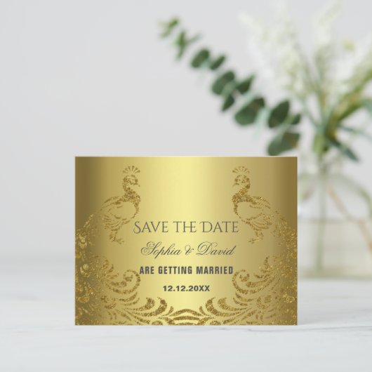 Elegante Abstrakte Pfauenhochzeit Ankündigungspostkarte (Stehend Vorderseite)