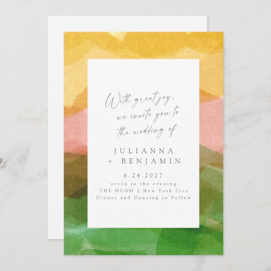 Elegante Abstrakte Rosa Grüne Wasserfarbenhochzeit Einladung (Vorne/Hinten)
