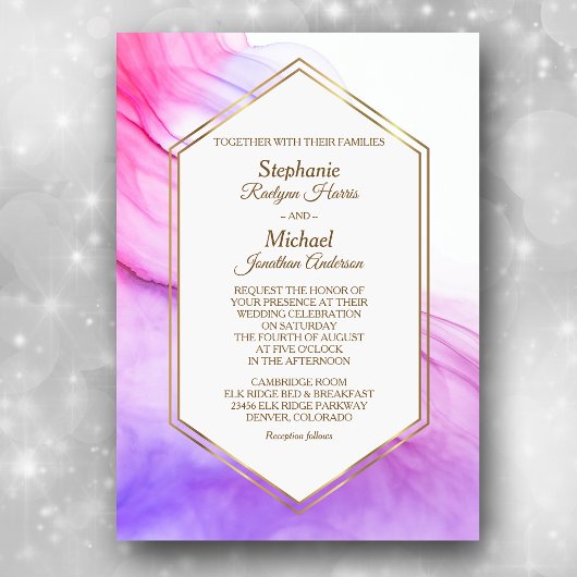 Elegante Abstrakte Rosa Violet Gold Frame Wedding Einladung
