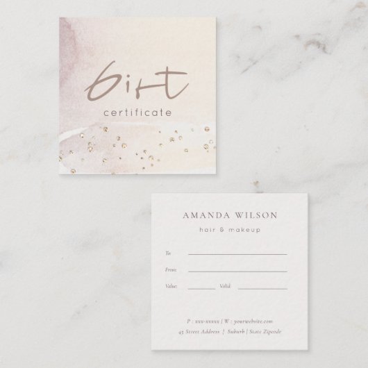 Elegante Abstrakte Rose Gold Lila Geschenkgutschei Quadratische Visitenkarte (Vorne/Hinten)