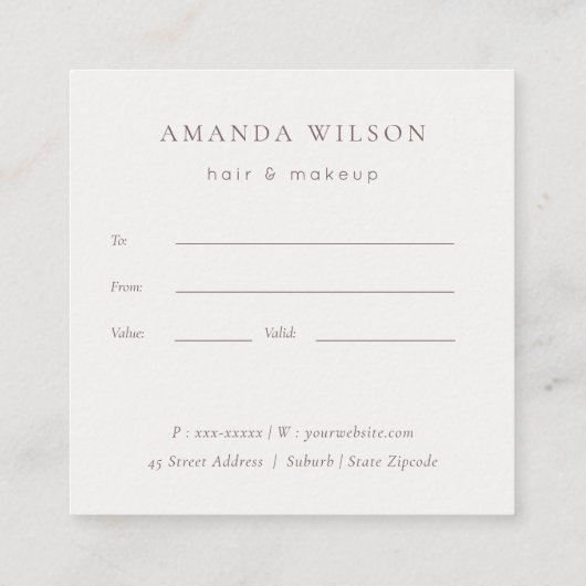 Elegante Abstrakte Rose Gold Lila Geschenkgutschei Quadratische Visitenkarte (Rückseite)