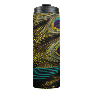 Elegante abstrakte Türkis Blau Gold Pfauenfedern Thermosbecher