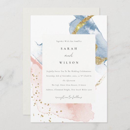 Elegante Abstrakte Wasserfarbe Gold Rosa Blaue Hoc Einladung (Vorne/Hinten)