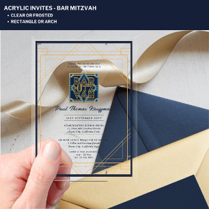 Elegante Acryl BAR MITZVAH Navy Gold Moderne Klarh Acryleinladungen