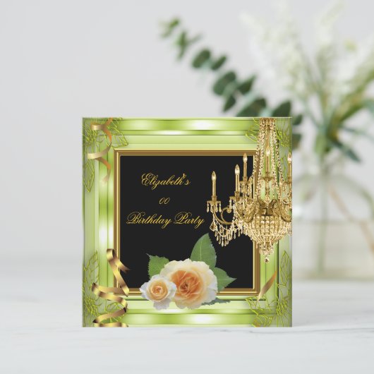 Elegante Add Age Birthday Green Gold Rose Einladung (Stehend Vorderseite)