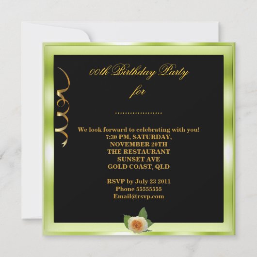 Elegante Add Age Birthday Green Gold Rose Einladung (Rückseite)