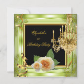 Elegante Add Age Birthday Green Gold Rose Einladung (Vorderseite)