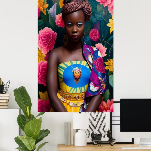 Elegante Afrikanerin in einem gelben Kleid Poster (Heimbüro)