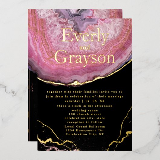 Elegante Agate Blush Pink & Gold Hochzeit Folieneinladung (Vorderseite/Rückseite)