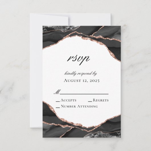 Elegante Agate Schwarz-weiß Rose Gold Wedding RSVP Karte (Vorderseite)