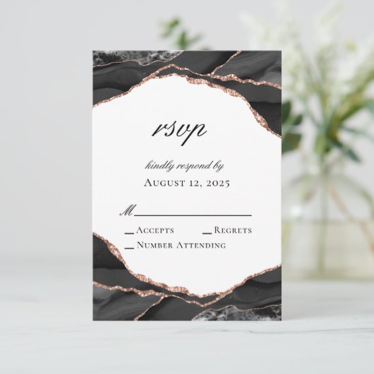 Elegante Agate Schwarz-weiß Rose Gold Wedding RSVP Karte (Stehend Vorderseite)