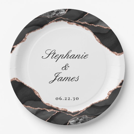 Elegante Agate Schwarz-weiße Rose Pappteller (Vorderseite)