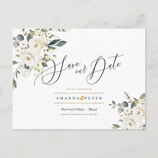 Elegante Alabaster-Rose Save the Date Postkarte (Vorderseite)