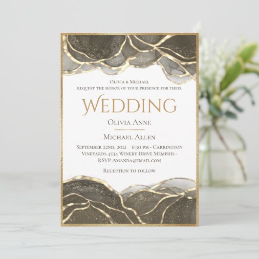 Elegante Alcohol Ink Gold Black Wedding Einladung (Stehend Vorderseite)