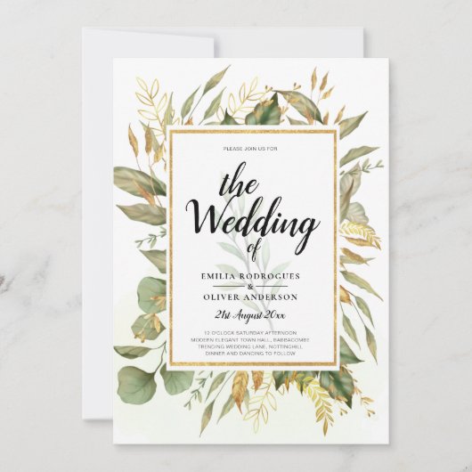 Elegante All-in-1 Greenery Gold Blätter Hochzeit Einladung (Vorderseite)
