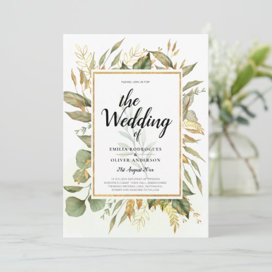 Elegante All-in-1 Greenery Gold Blätter Hochzeit Einladung (Stehend Vorderseite)