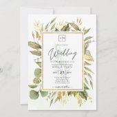 Elegante All-in-1 Greenery Gold Blätter Hochzeit Einladung (Vorderseite)