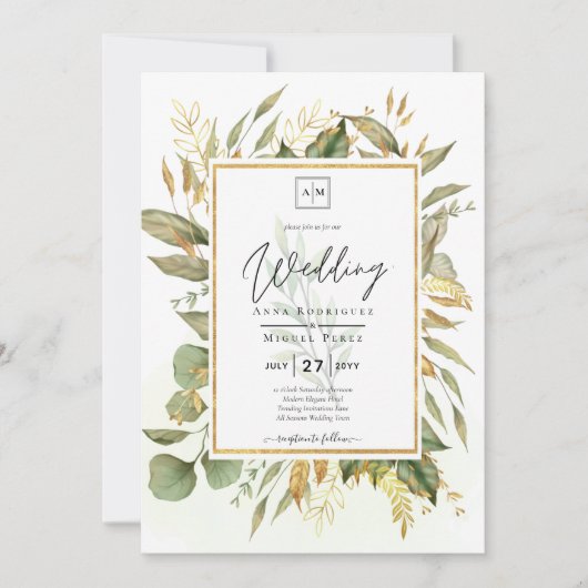 Elegante All-in-1 Greenery Gold Blätter Hochzeit Einladung (Vorderseite)