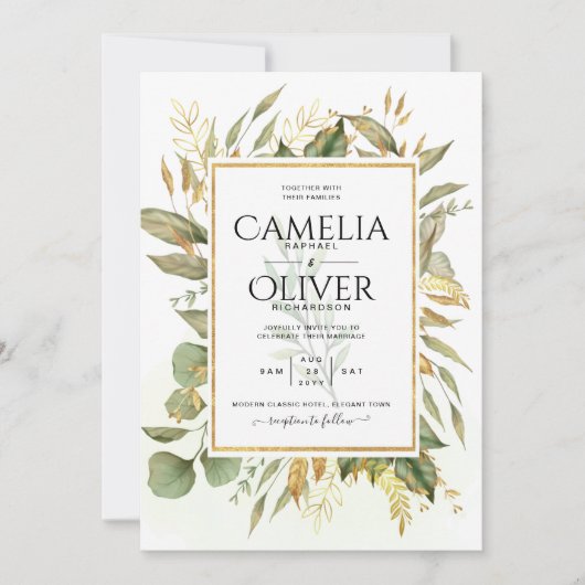 Elegante All-in-1 Greenery Gold Blätter Hochzeit Einladung (Vorderseite)