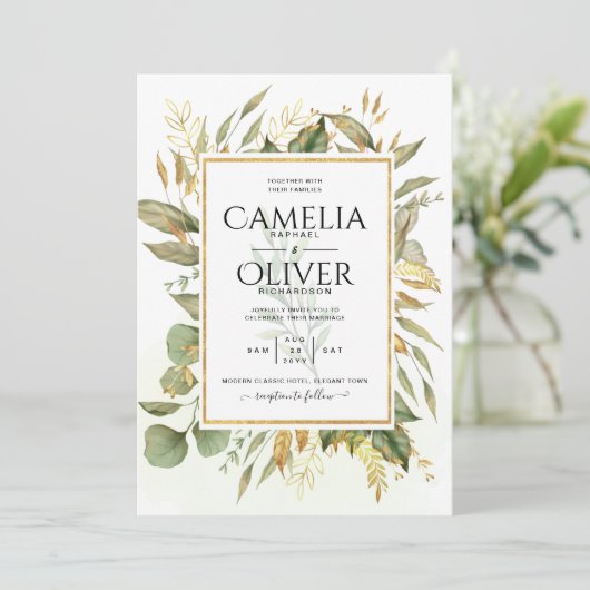 Elegante All-in-1 Greenery Gold Blätter Hochzeit Einladung (Stehend Vorderseite)