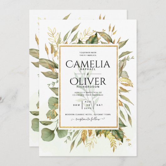 Elegante All-in-1 Greenery Gold Blätter Hochzeit Einladung (Vorne/Hinten)