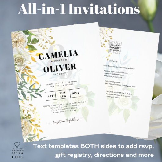 Elegante All-in-1 White Roses Botanische Hochzeit