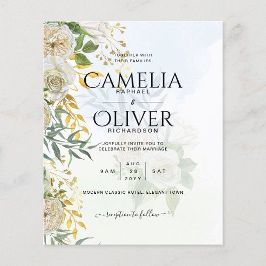 Elegante All-in-1 White Roses Botanische Hochzeit Flyer (Vorne)