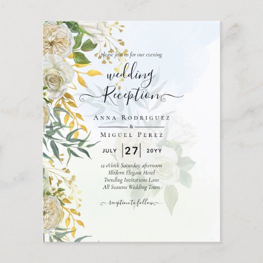 Elegante All-in-1 White Roses Botanische Hochzeit Flyer (Vorne)