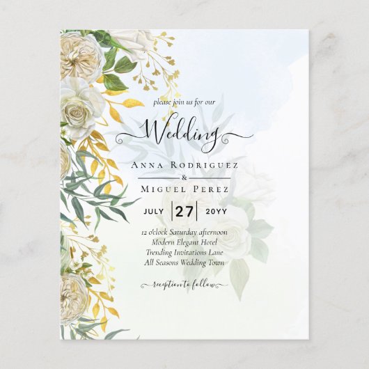 Elegante All-in-1 White Roses Botanische Hochzeit Flyer (Vorne)