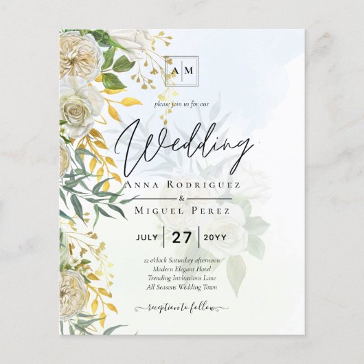 Elegante All-in-1 White Roses Botanische Hochzeit Flyer (Vorne)