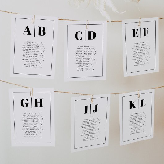 Elegante alphabetische Sitzplan-Karten Tischnummer