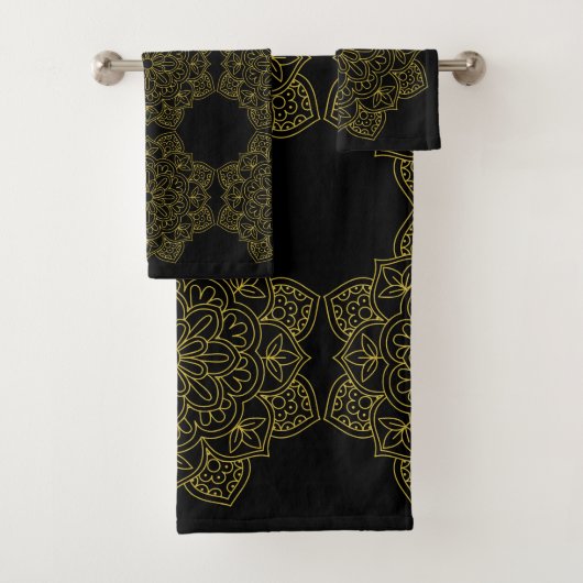 Elegante Alte Gold-Mandalas auf Schwarz Badhandtuch Set (Insitu)