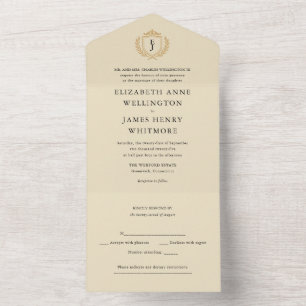 Elegante alte Money-Crest - Elfenbein & Gold Hochz All In One Einladung