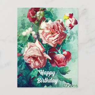 Elegante alte Rosen in Rosa Aquarellmalerei Postkarte